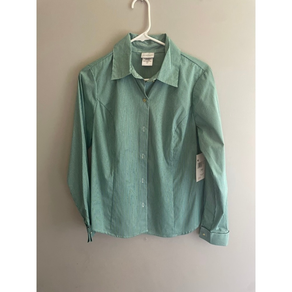 Jaclyn Smith Womens Green Gingham Button Down Shirt Stretch Small NWT